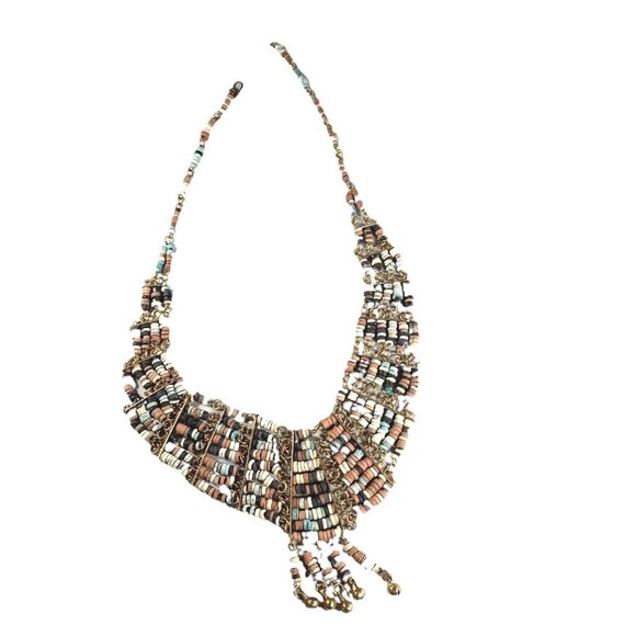 Vintage Egyptian Faience Beads Necklace Clip Earrings Set Brass Mesh Collar - Picture 6 of 8